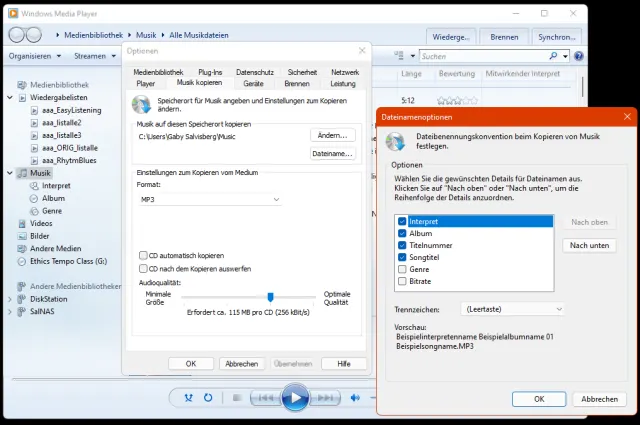 Windows Media Player und die Einstellungen