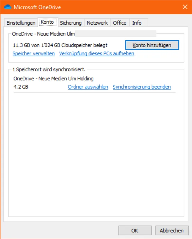 Der Reiter Konto in den OneDrive-Eigenschaften