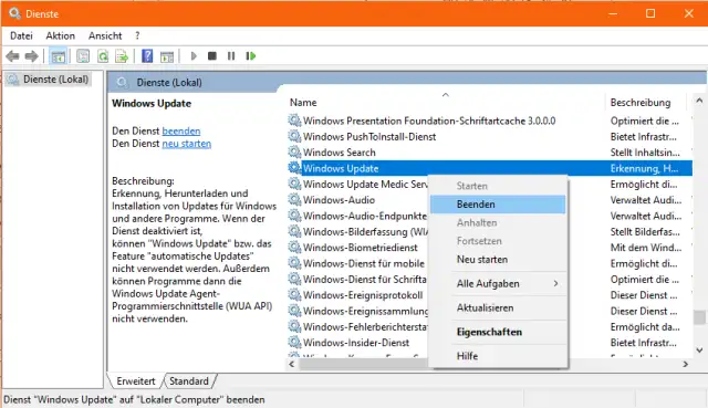 Screenshot Diensteverwaltung mit Kontextmenü
