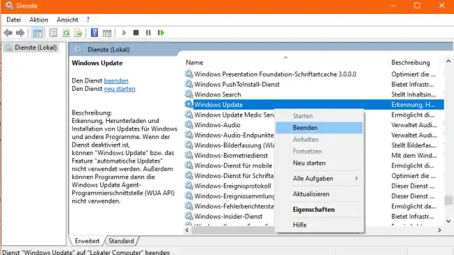 Screenshot Diensteverwaltung mit Kontextmenü