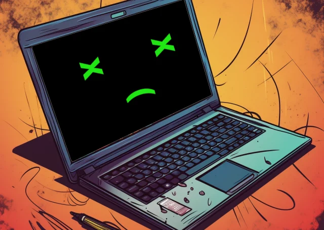 Comic-Darstellung eines defekten Laptops