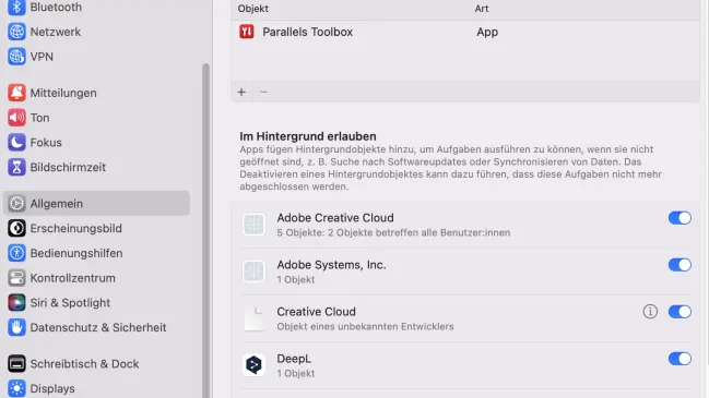 Das Fenster mit den Einstellungen zu den Anmeldeobjekten