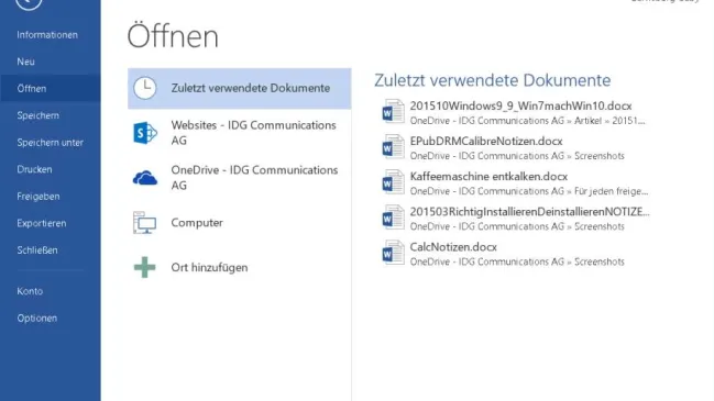 Der Öffnen-Dialog in Word