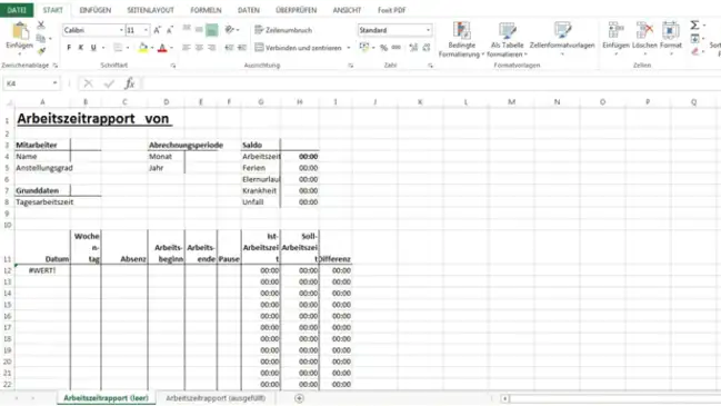 Noch unausgefüllte Arbeitszeittabelle