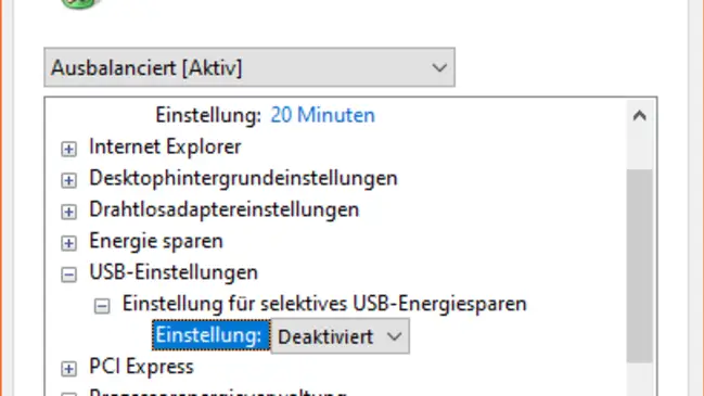 Screenshot Energiesparplan-Einstellung für USB