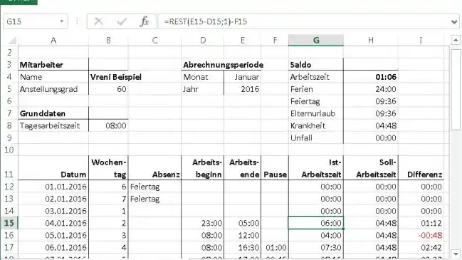 Excel-Tabelle mit Beispiel-Arbeitszeiten über Mitternacht hinaus