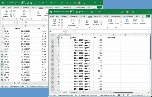 Excel-Liste mit mehreren Stundeneinträgen pro Datum, vor und nach der Gruppierung
