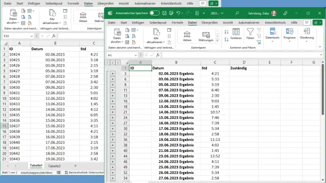 Excel-Liste mit mehreren Stundeneinträgen pro Datum, vor und nach der Gruppierung