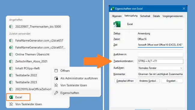 Taskleisten-Kontextmenü, daneben die Eigenschaften der Excel-Verknüpfung