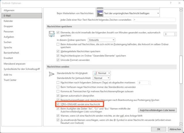 Screenshot der Einstellung in Outlook