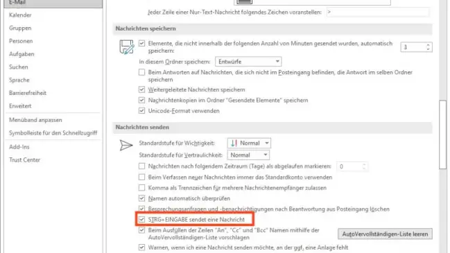 Screenshot der Einstellung in Outlook
