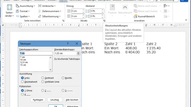 Der Weg zu den Absatz- und Tabstopp-Einstellungen