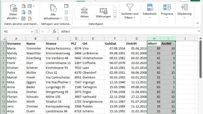 Excel-Mitgliederliste mit Spalten "Alter" und "Mitgliedschaftsdauer"