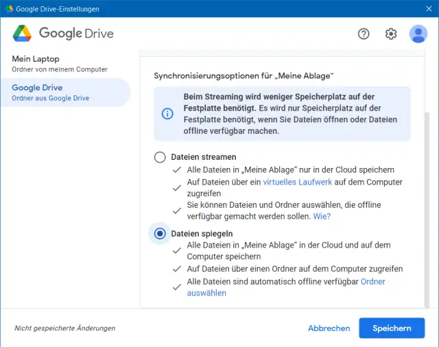 Screenshot Google-Drive-Einstellungen