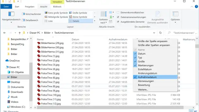 Screenshot Explorer mit Spalten-Kontextmenü