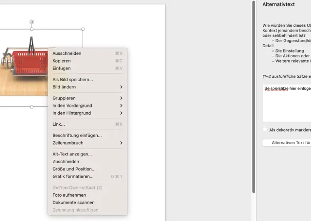 Screenshot zeigt das Eingabefeld für den Alternativtext