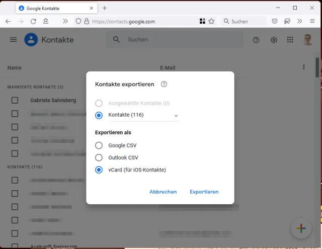 Screenshot Exportieren der Google-Kontakte ins vCard-Format