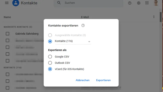 Screenshot Exportieren der Google-Kontakte ins vCard-Format