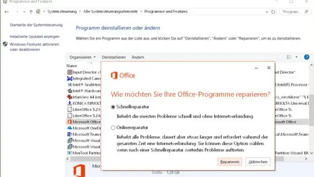 Die Reparaturfunktionen in der Systemsteuerung