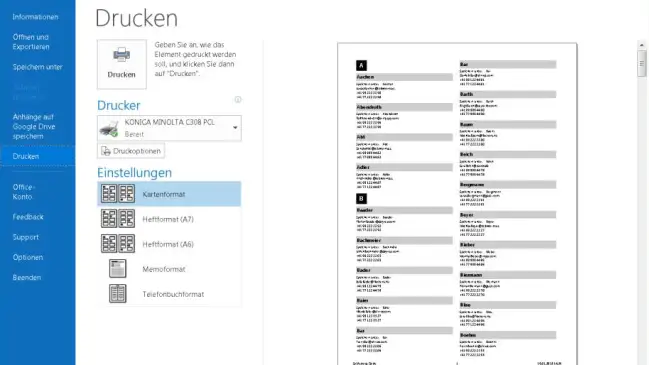 Outlook mit der Visitenkarten-Ansicht