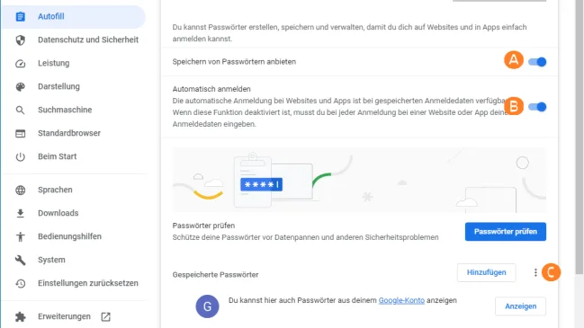 Screenshot des oberen Teils der Passwortverwaltung