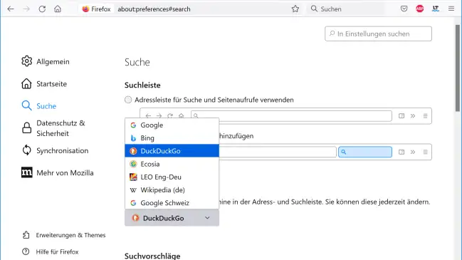 Die Sucheinstellungen im Firefox