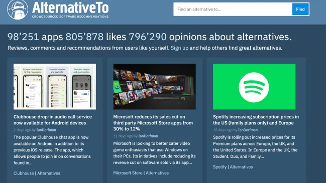 Screenshot der Alternative-To-Webseite