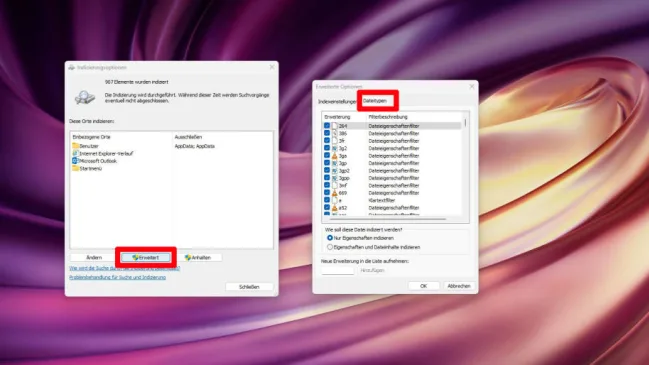 Die Indizierungsoptionen mit den Dateitypen