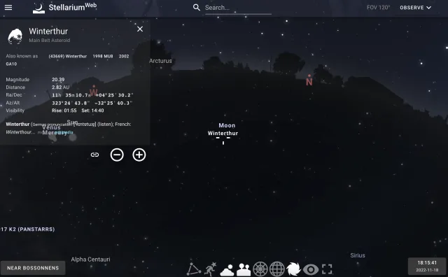 Stellarium zeigt einen Nachthimmel über Winterthur