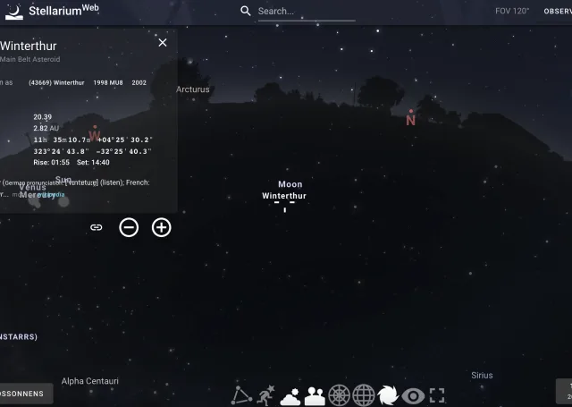 Stellarium zeigt einen Nachthimmel über Winterthur