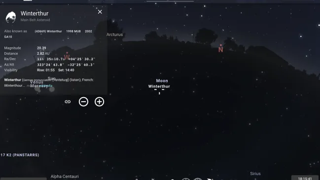 Stellarium zeigt einen Nachthimmel über Winterthur