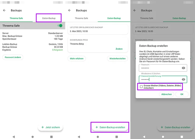 Screenshots des Sicherungsvorgangs