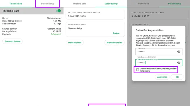 Screenshots des Sicherungsvorgangs