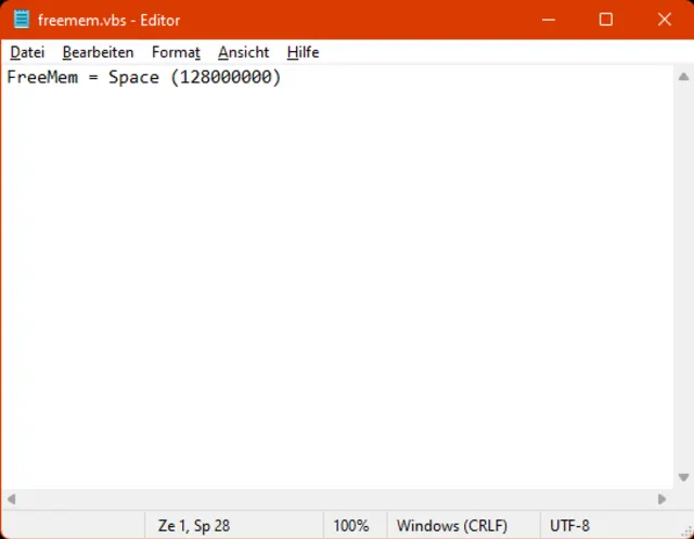 Screenshot Freemem VBS Skript in Notepad