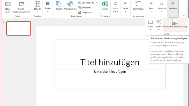 Screenshot PowerPoint mit dem Befehl Einfügen/Medien