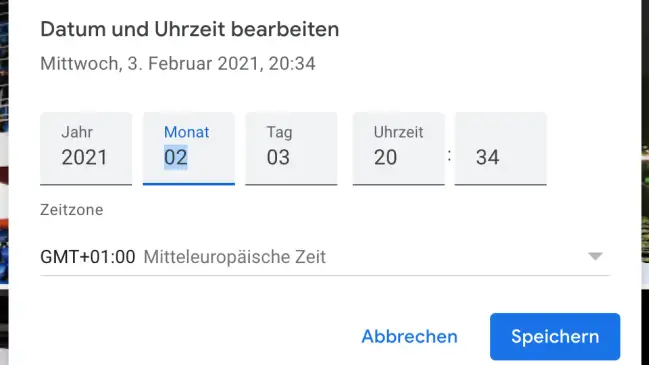 Die Bedienoberfläche zum Ändern von Datum und Uhrzeit