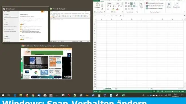 Screenshot Windows-Desktop mit gesnapptem Excel-Fenster