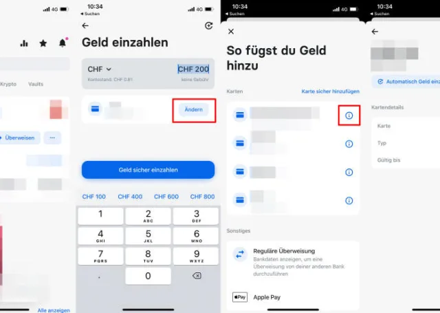 Screenshots zeigen den Weg zum Entfernen einer Kreditkarte
