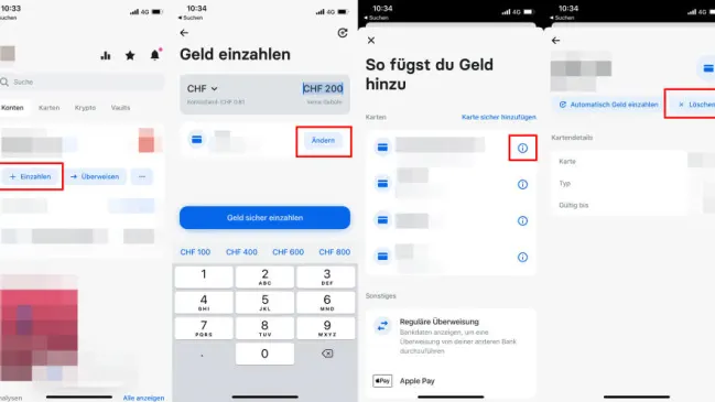 Screenshots zeigen den Weg zum Entfernen einer Kreditkarte