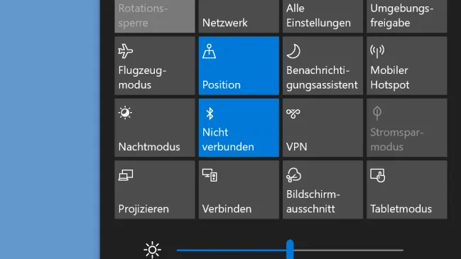 Screenshot Info-Center mit aktivieretem Bluetooth