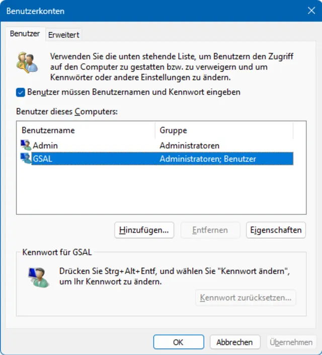 Dialogfenster zum Deaktivieren des Kennworts