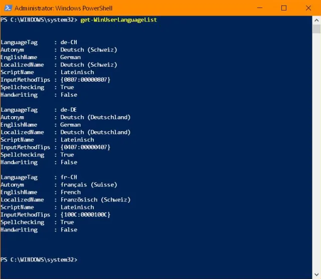 Screenshot Sprachenliste in der PowerShell