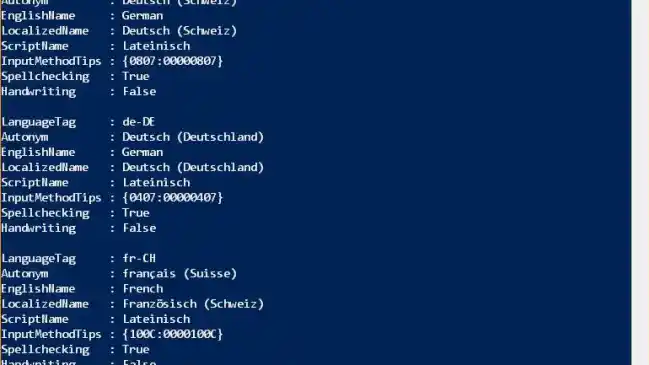 Screenshot Sprachenliste in der PowerShell