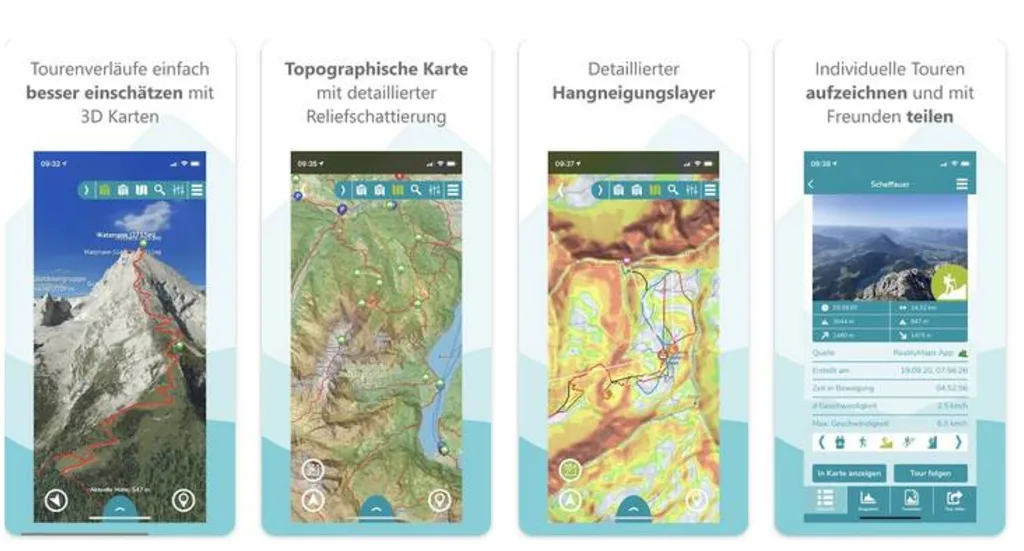 Nebeneinander stehen vier Screenshots aus der App 