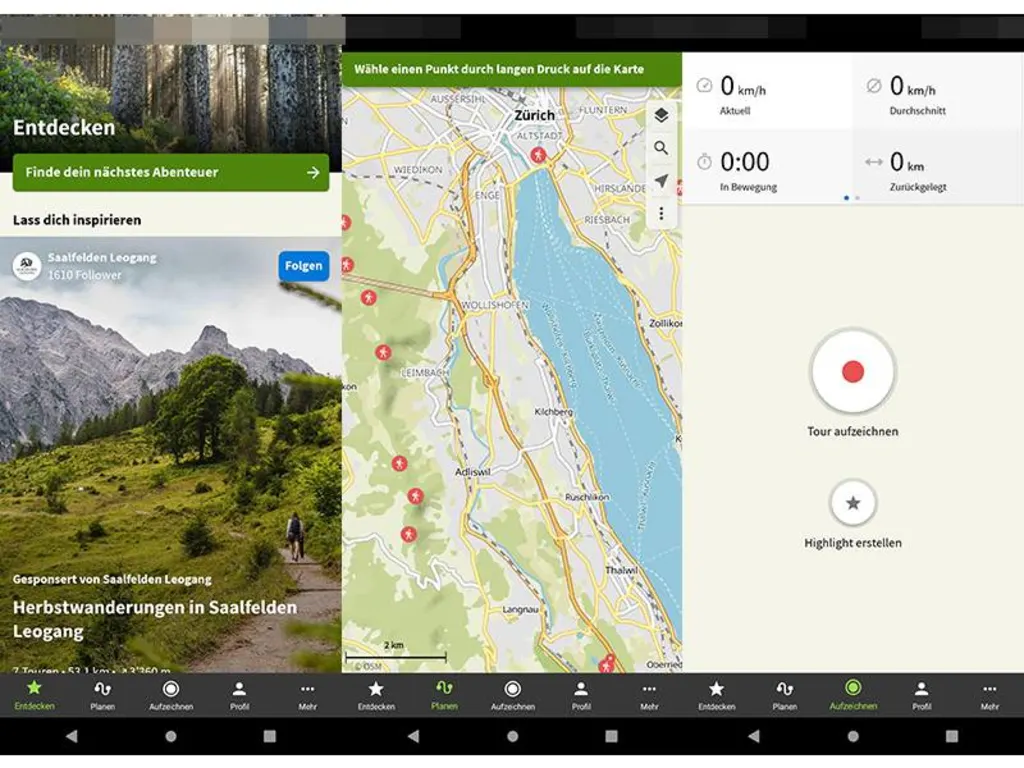Nebeneinander stehen drei Screenshots aus der Komoot-App
