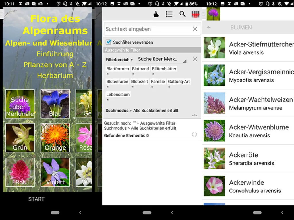 Nebeneinander stehen drei Screenshots aus der Alpenblumen-App