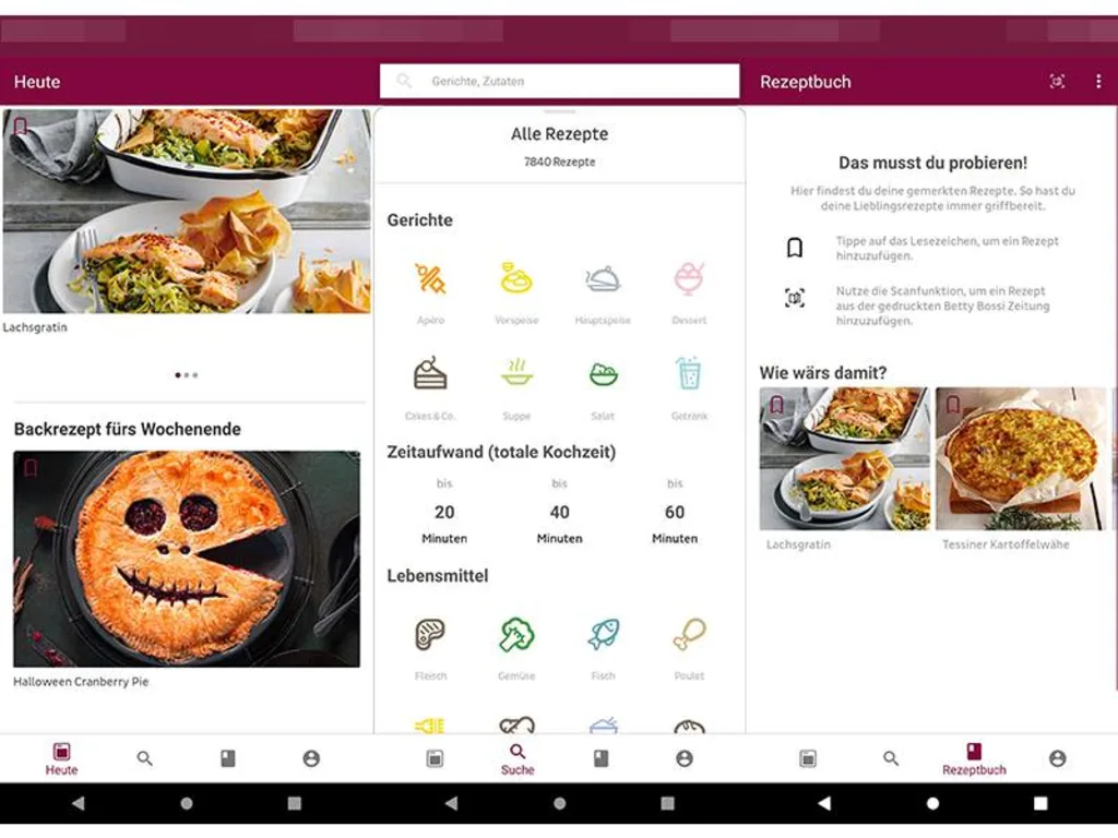 Nebeneinander stehen drei Screenshots aus der Betty-Bossi-Rezepte-App