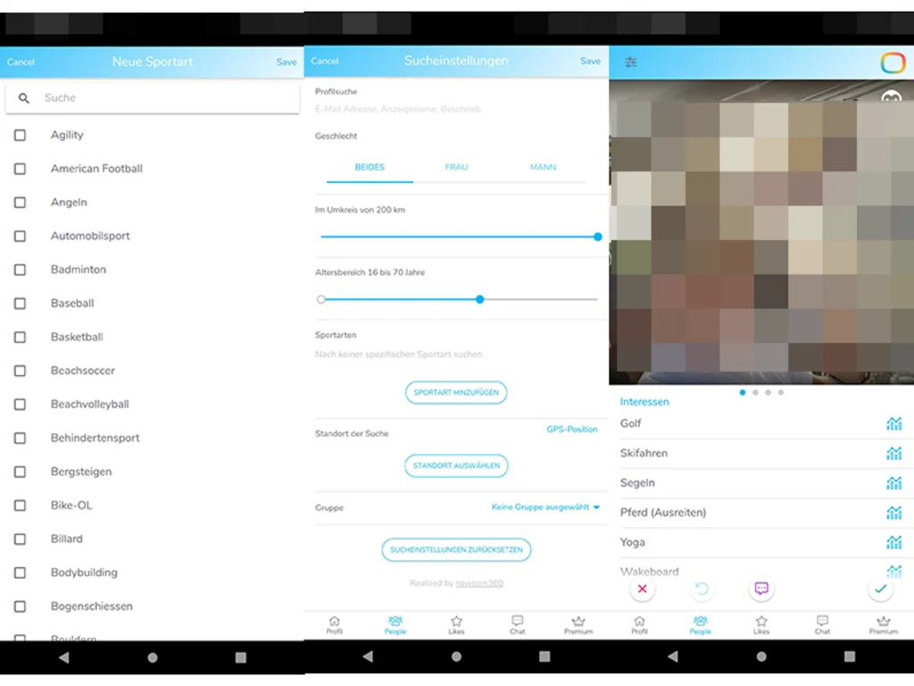 Nebeneinander stehen drei Screenshots der Friends4Sport-App