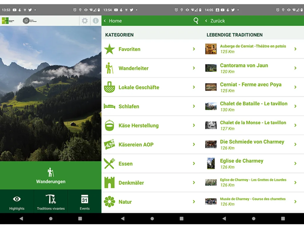 Nebeneinander stehen drei Screenshots der App namens 