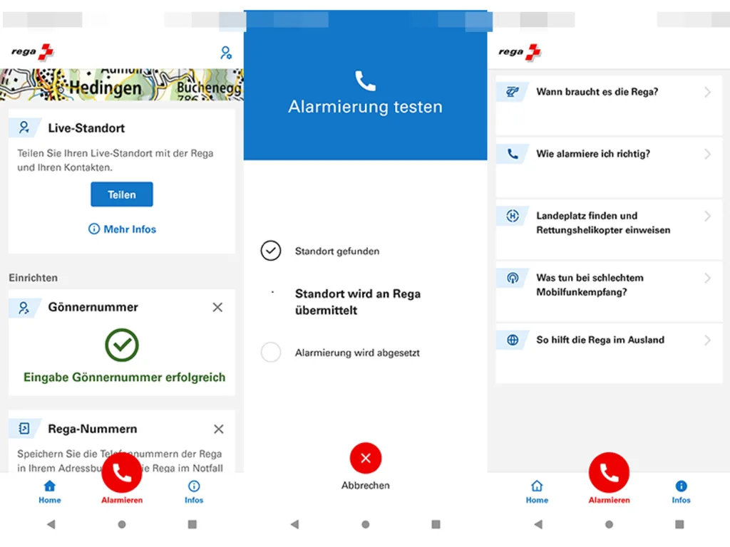 Nebeneinander stehen drei Screenshots der Rega-App